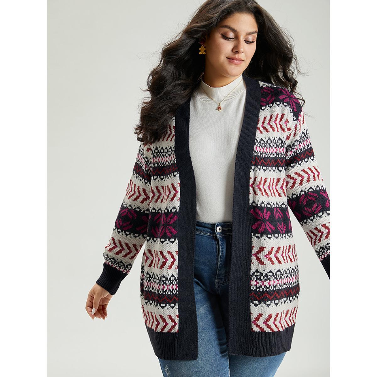 Plus Size Geo Print Open Front Patchwork Cardigan Multicolor Women Casual Loose Long Sleeve Festival-Christmas Cardigans BloomChic 22-24/3X Product Image