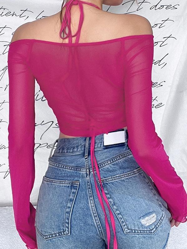 Perspective Letter Rhinestone Print Off Shoulder Long Sleeve Tee Product Image