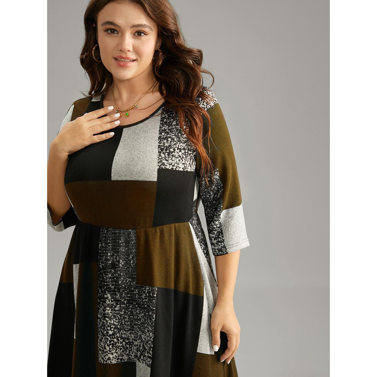 Plus Size Colorblock Contrast Round Neck Elastic Waist Dress Bronze Women Casual Printed Round Neck Elbow-length sleeve Curvy Midi Dress BloomChic 10/M Product Image