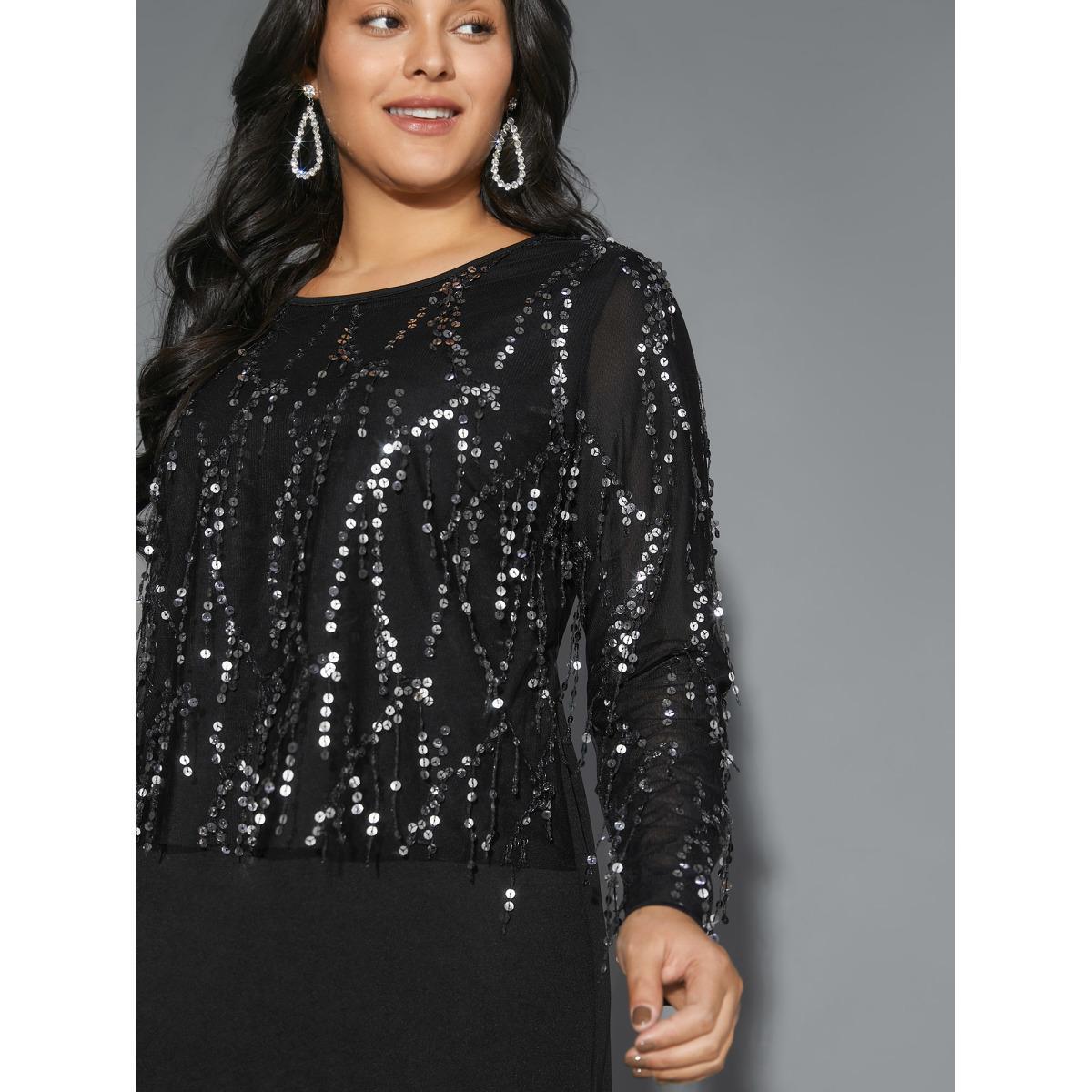 Plus Size Sequin Patchwork Mesh Split Hem Dress Black Women Cocktail Texture Round Neck Long Sleeve Curvy BloomChic 22-24/3X Product Image