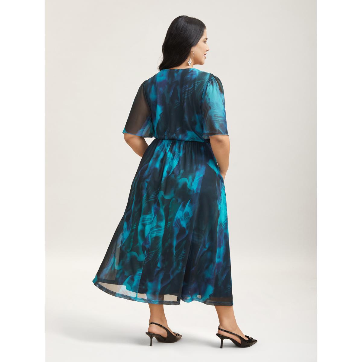 Plus Size Floral Fusion Wrap Neck Midi Dress Mediumblue Women Elegant Gathered Overlap Collar Short sleeve Curvy BloomChic 12/L Product Image
