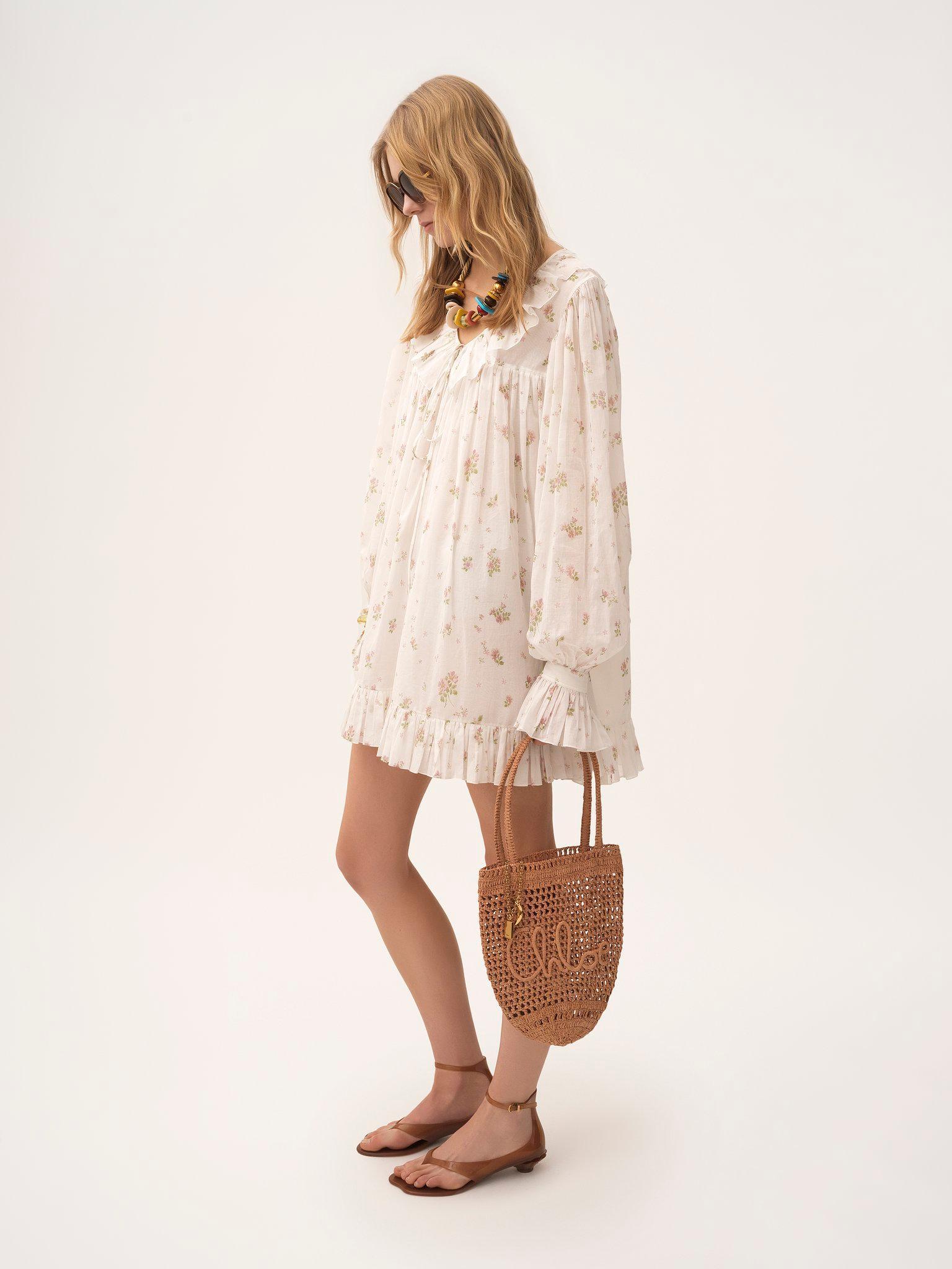 Gathered long-sleeve mini dress in cotton voile Product Image