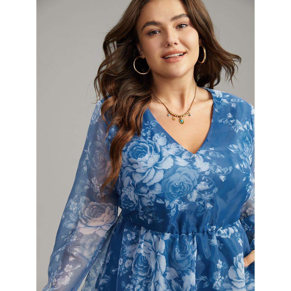 Plus Size Silhouette Floral Print Elastic Cuffs Mesh Dress Cerulean Women Elegant Elastic cuffs V-neck Long Sleeve Curvy Midi Dress BloomChic 28/5X Product Image
