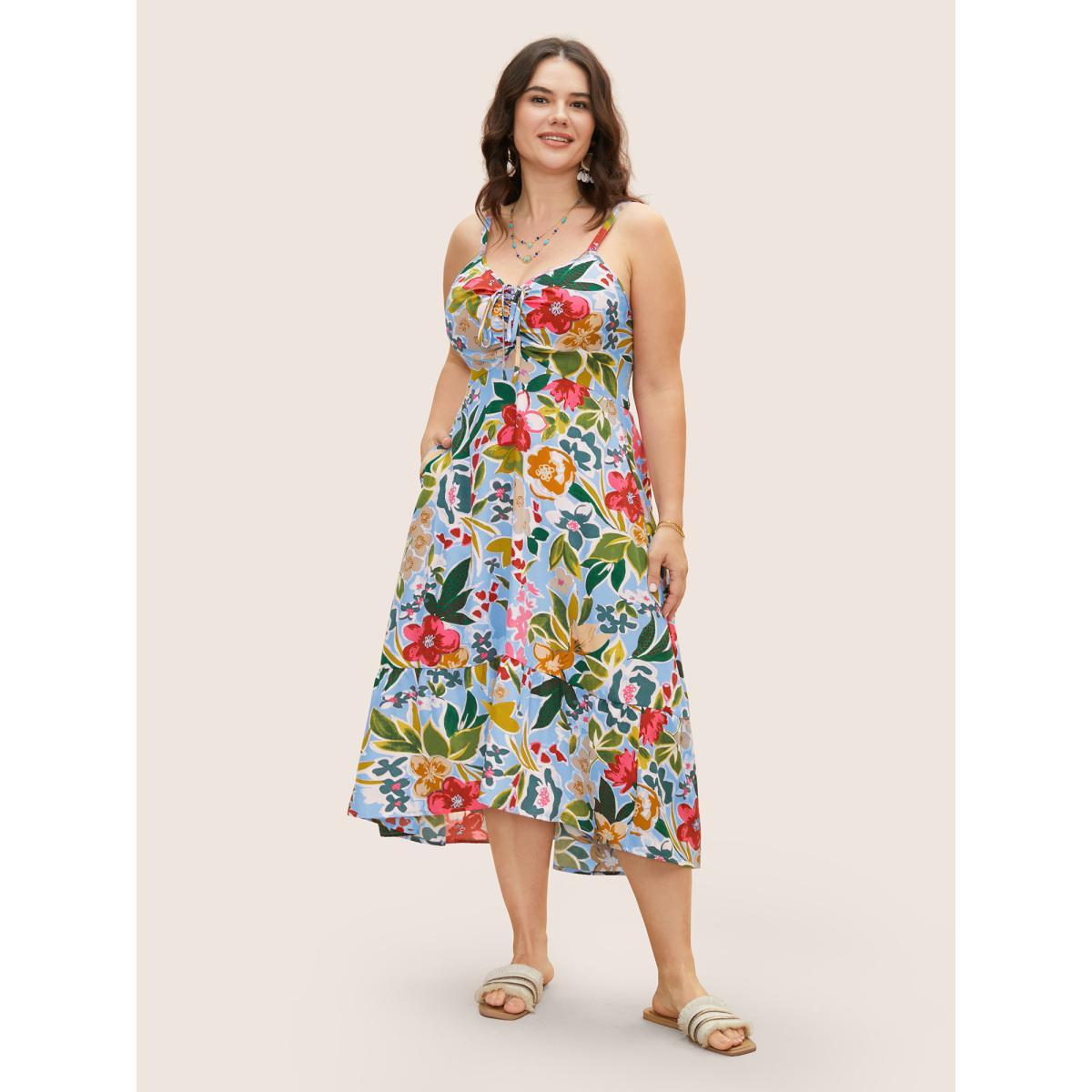 Plus Size Floral Drawstring High Low Hem Cami Dress LightBlue Women Resort Drawstring V-neck Sleeveless Curvy BloomChic 10/M Product Image