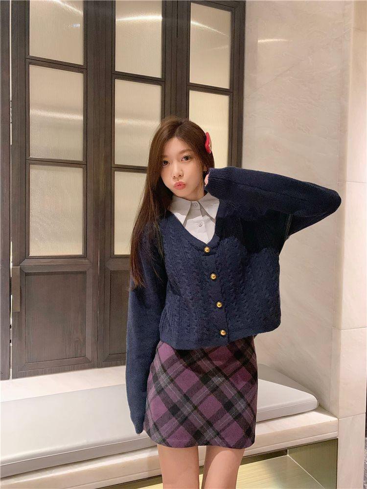 Mock Two-Piece Collar Cable Knit Cardigan / High Rise Plaid Mini Pencil Skirt Product Image