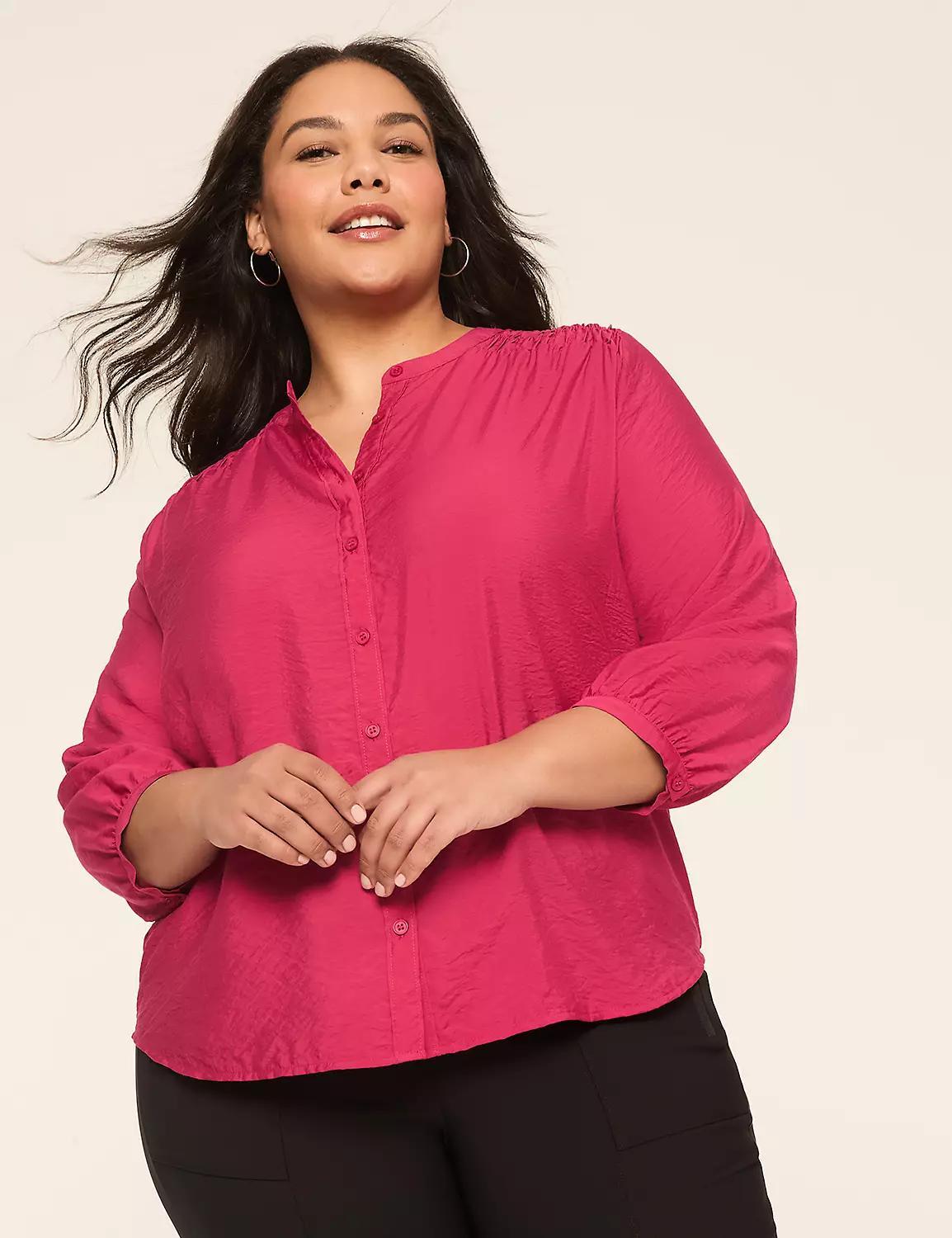 3/4-Sleeve Crew-Neck Button-Front Top Product Image