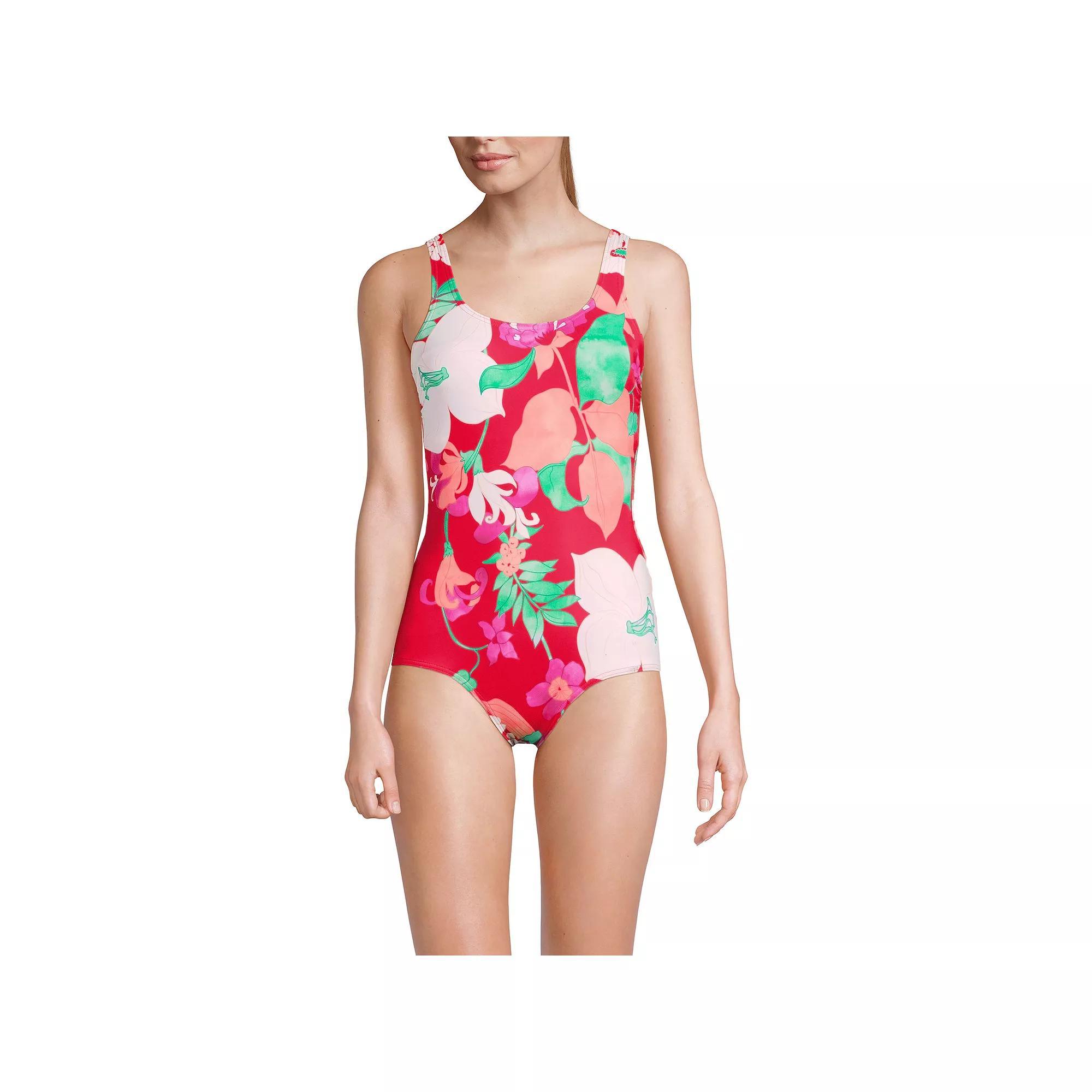 Womens Lands End Tugless Sporty UPF 50 One-Piece Swimsuit Pink Rose Lilies Product Image