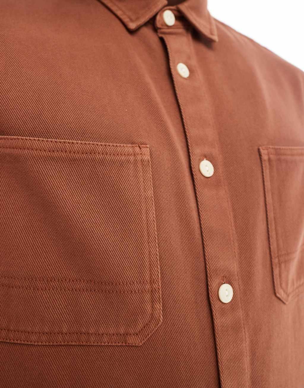 ASOS DESIGN denim shirt with stitching detail in brown wash Product Image