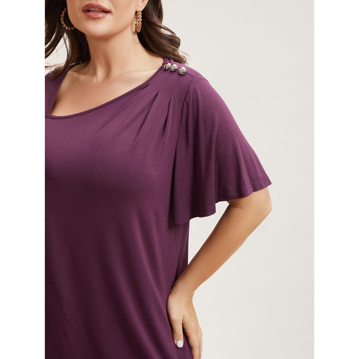Plus Size Supersoft Asymmetrical Neckline Flutter Sleeve T-Shirt Plum Women Casual Pleated Asymmetrical Neck Everyday T-shirts BloomChic 28/5X Product Image