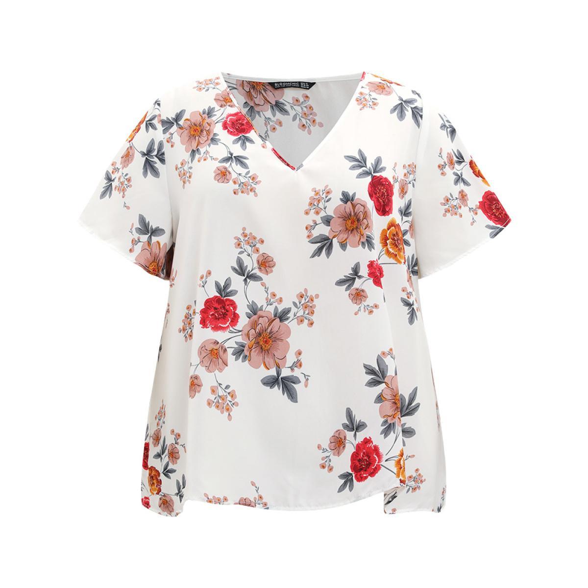 Plus Size White Floral Print High Low Hem Flutter Blouse Women Elegant Short sleeve V-neck Dailywear Blouses BloomChic 18-20/2X Product Image