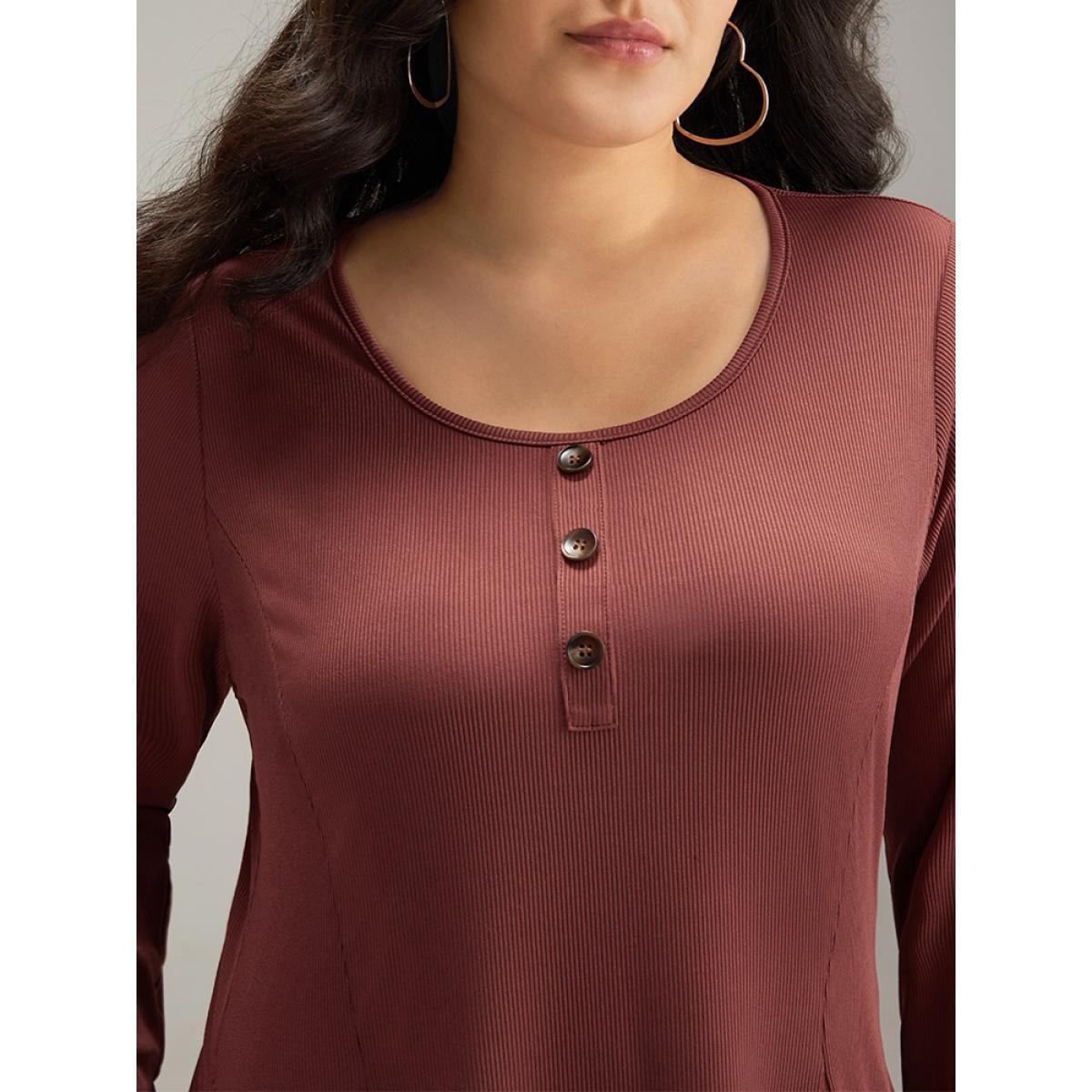 Plus Size Rib Knit Solid Button Up Pocket Ruffle Hem Dress Scarlet Women Casual Plain Round Neck Long Sleeve Curvy Midi Dress BloomChic 22-24/3X Product Image