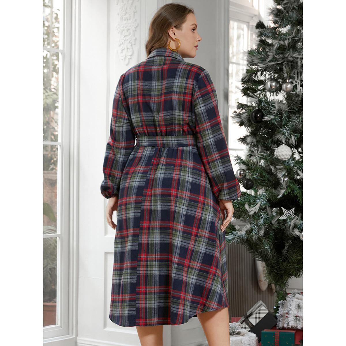 Plaid Plus Size Women Dailywear Midi Dress Pocket Slightly Stretchy Lantern Sleeve Long Sleeve Shirt Collar Pocket Belt Elegance Dresses BloomChic Product Image