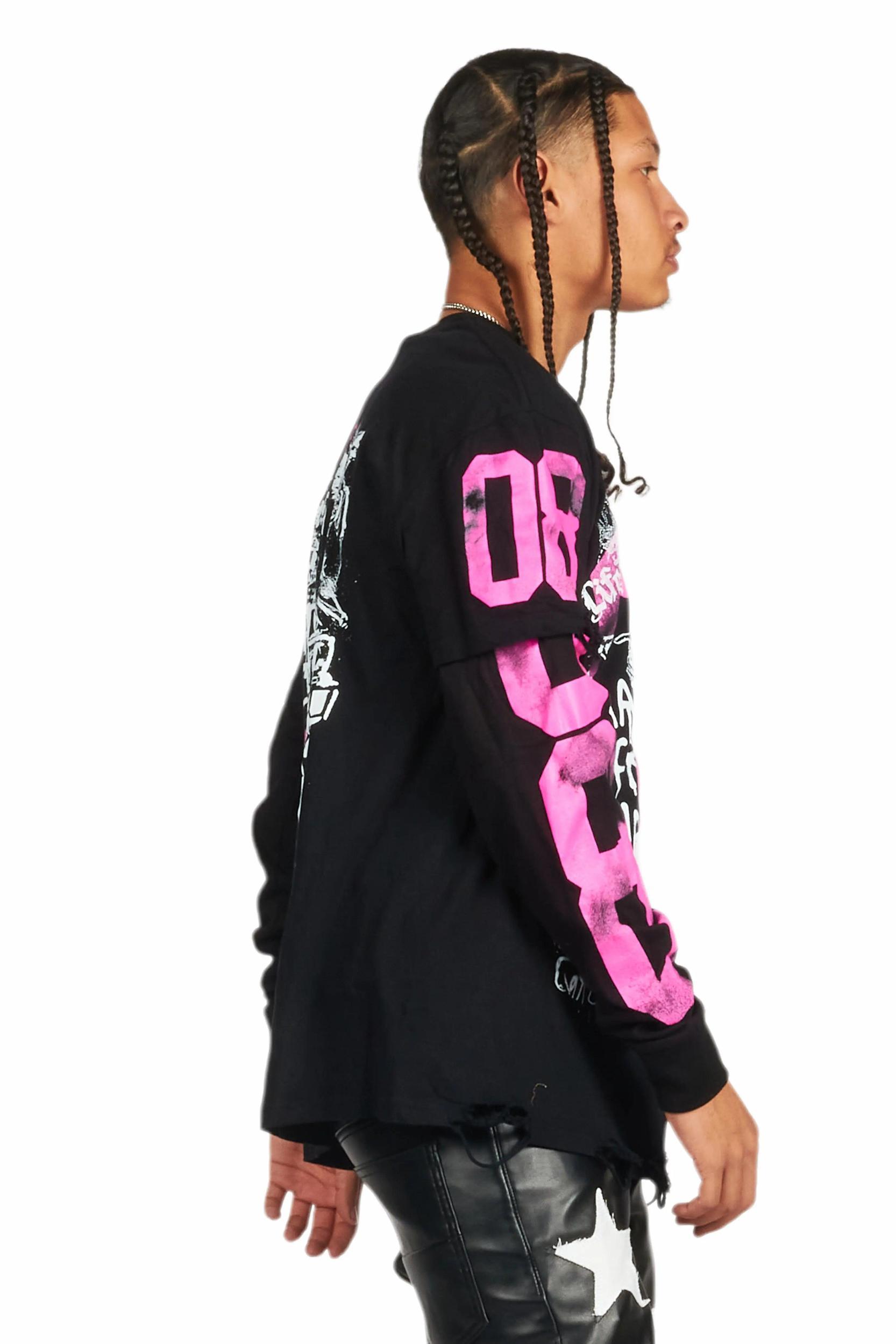 Grill Black/Pink Double Layer Long Sleeve Graphic T-Shirt Male Product Image
