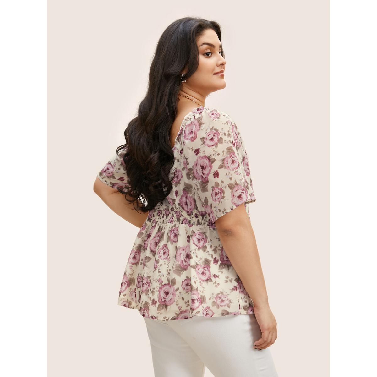 Plus Size Ivory Heart Neckline Floral Shirred Ruffles Blouse Women Elegant Short sleeve Heart neckline Everyday Blouses BloomChic 22-24/3X Product Image