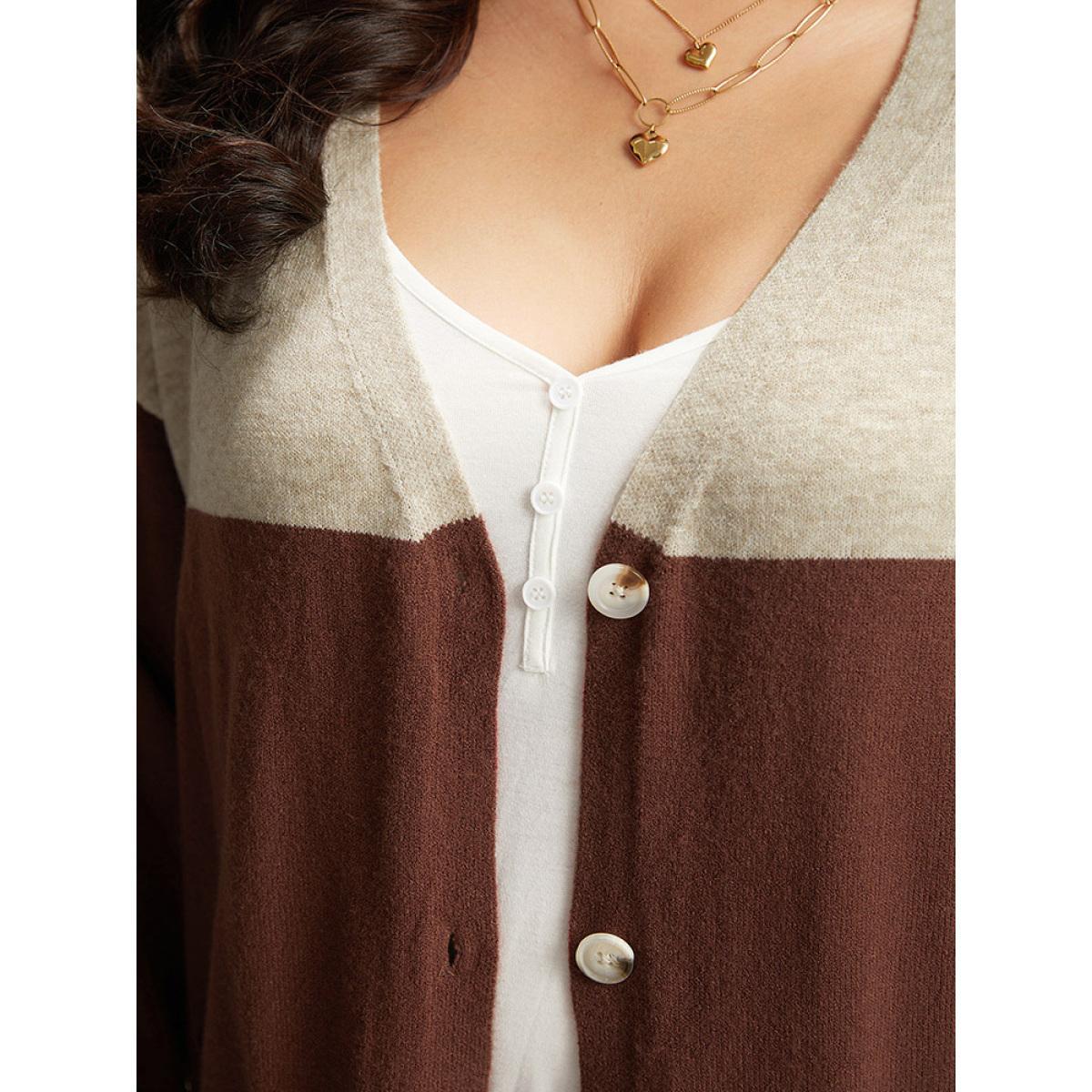 Plus Size Supersoft Essentials Anti-Pilling Contrast Button Up Pullover Brown Women Casual Loose Long Sleeve Dailywear Cardigans BloomChic 12/L Product Image