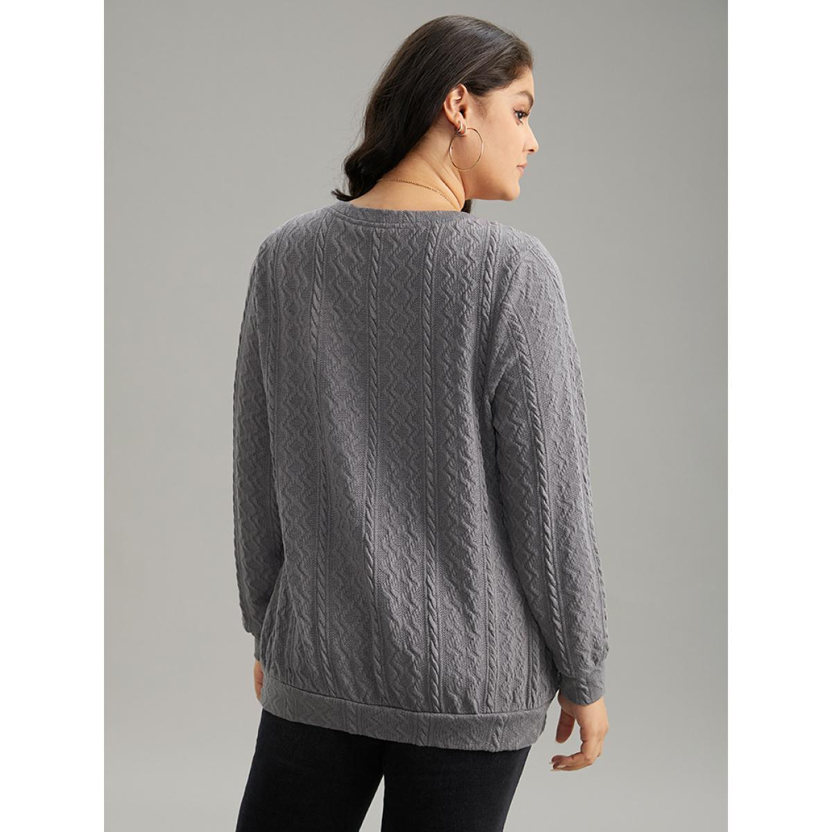 Plus Size Plain Geometric Textured Plicated Detail Sweatshirt Women Gray Casual Texture V-neck Dailywear Sweatshirts BloomChic 10/M Product Image