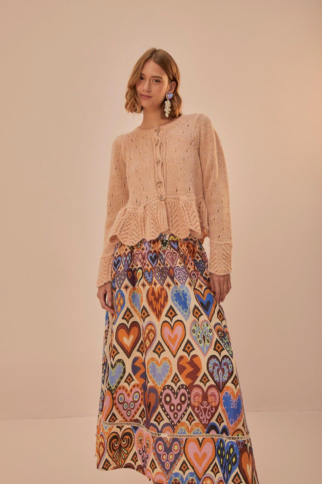 Cream Hearts Ikat Midi Skirt Product Image