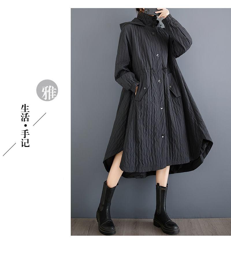 Stand Collar Plain Asymmetrical Hooded Midi Single-Breasted Coat Product Image