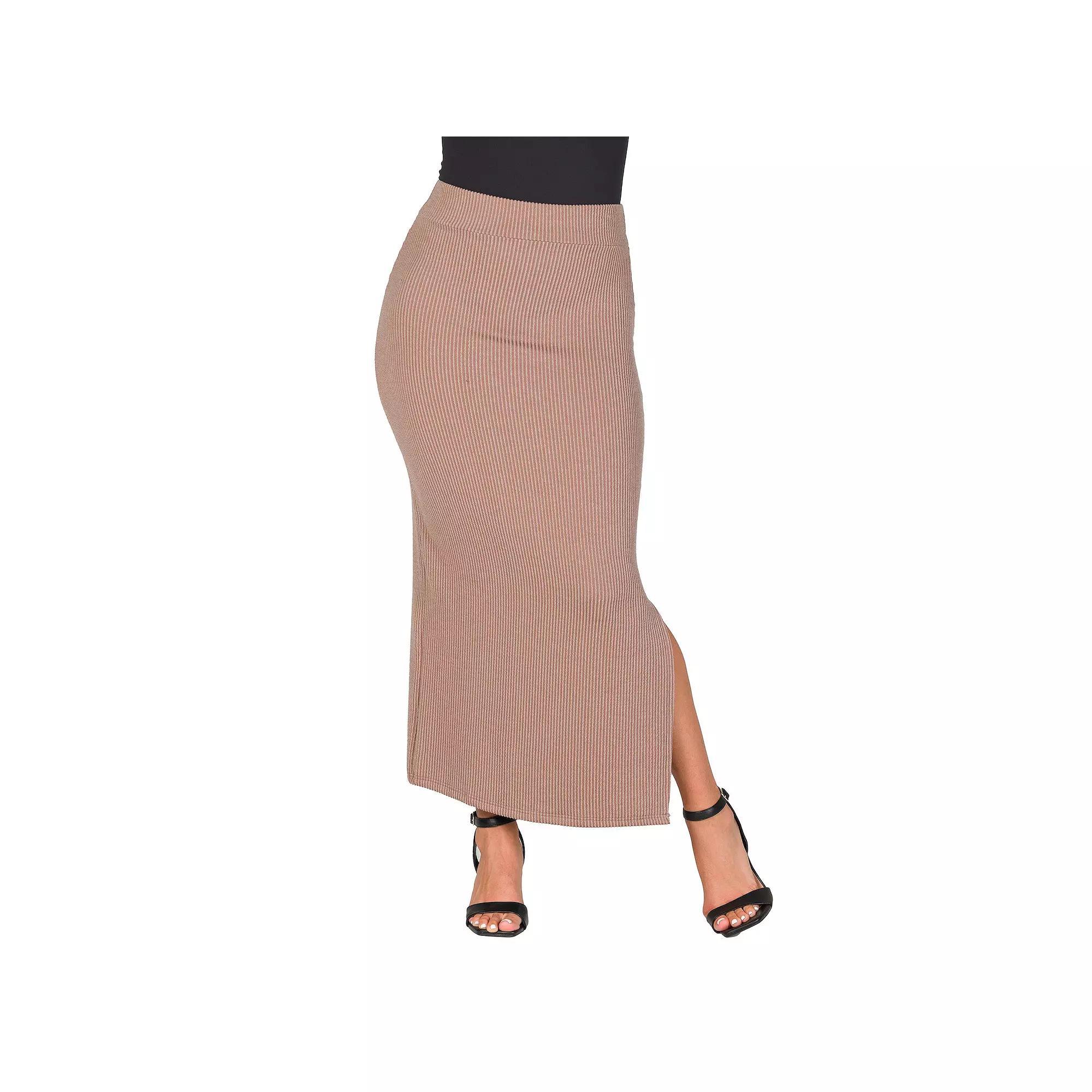 Women's 24Seven Comfort Apparel Ribbed Knit Side Slit Elastic Waist Maxi Skirt, Size: Small, Brown Product Image