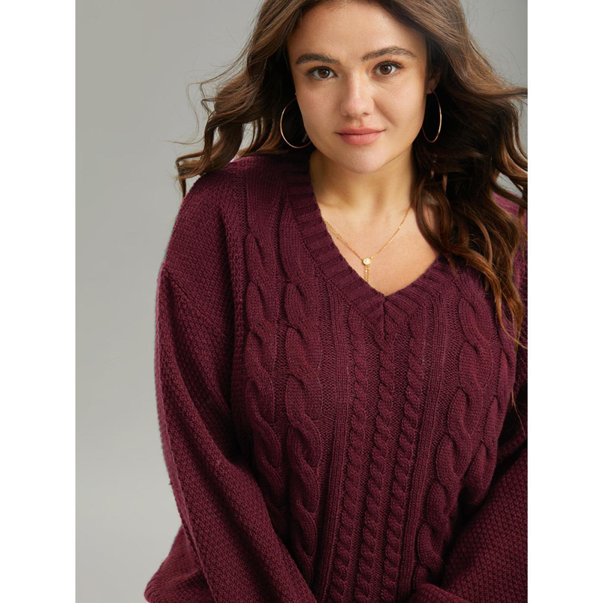 Plus Size Solid Cable Knit V Neck Elastic Cuffs Pullover Burgundy Women Casual Loose Long Sleeve V-neck Everyday Pullovers BloomChic 22-24/3X Product Image