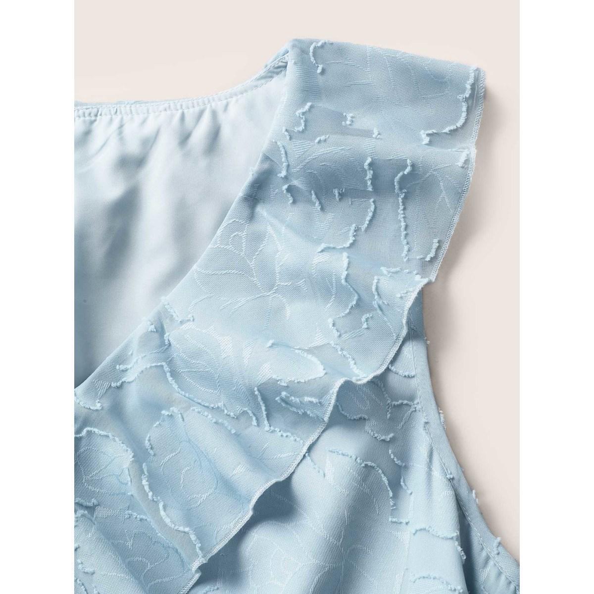 Plus Size Plisse Ruffle Trim Gathered Sleeveless Dress LightBlue Women Elegant Texture V-neck Sleeveless Curvy BloomChic 14-16/1X Product Image