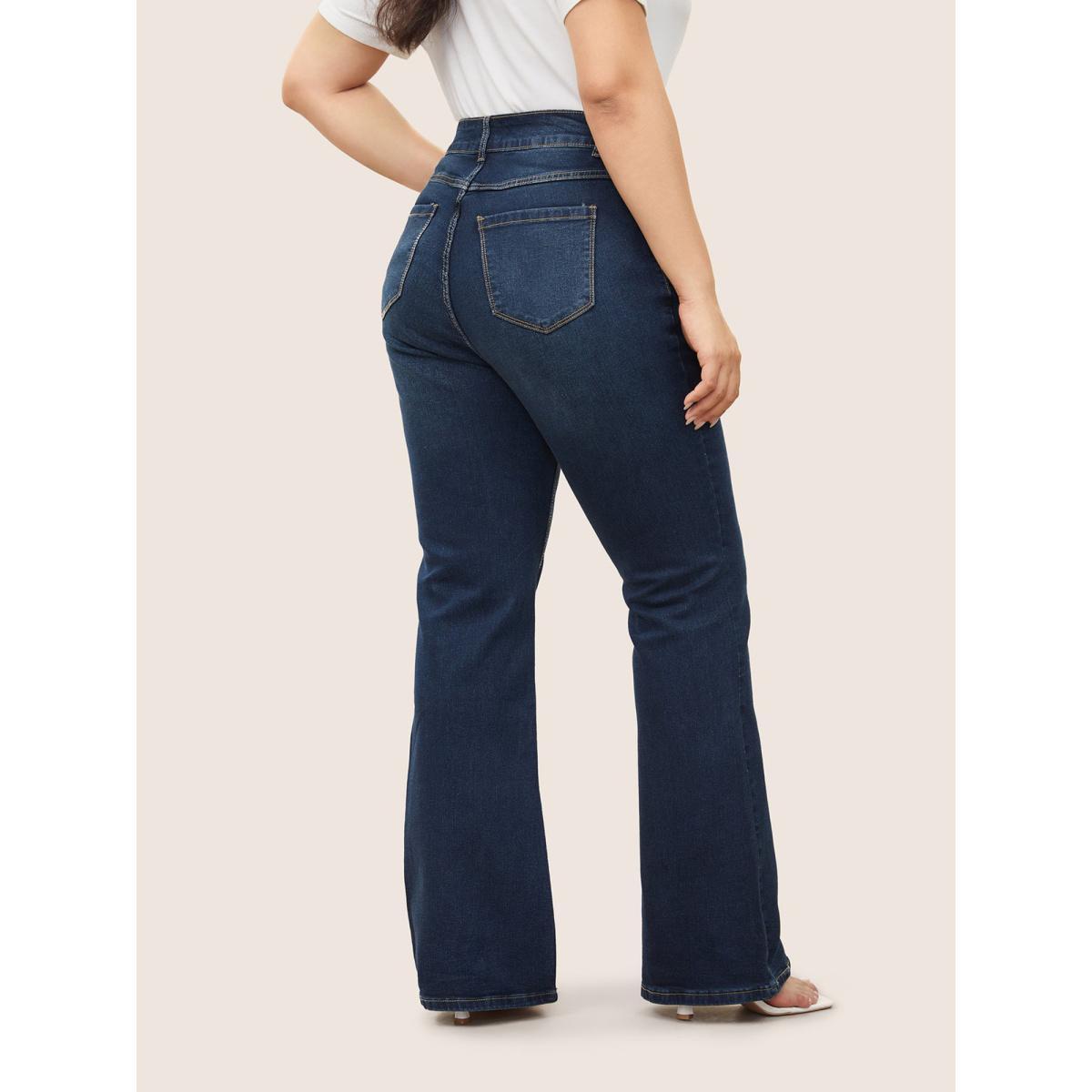 Plus Size Bootcut Very Stretchy Mid Rise Medium Wash Sculpt Waist Jeans Women Blue Elegant Plain Non High stretch Slanted pocket Jeans BloomChic 18/2X Product Image