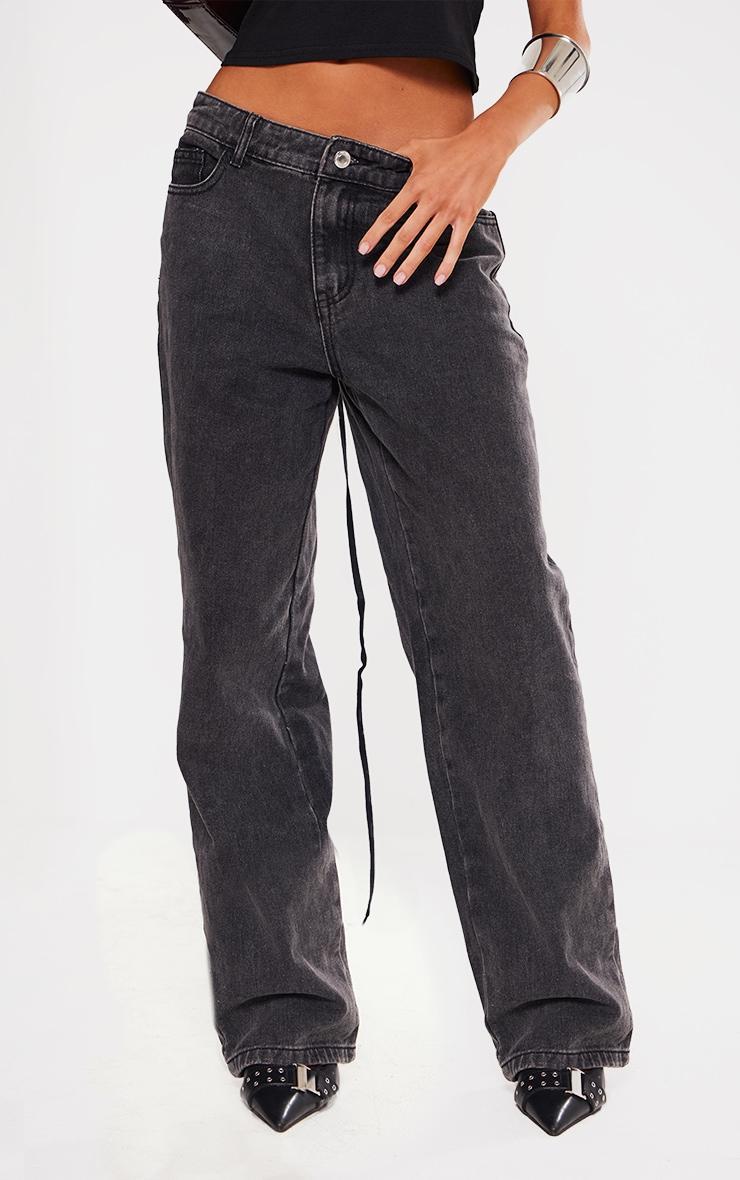Petite Black Acid Wash Lace Up Back Wide Leg Jeans Product Image