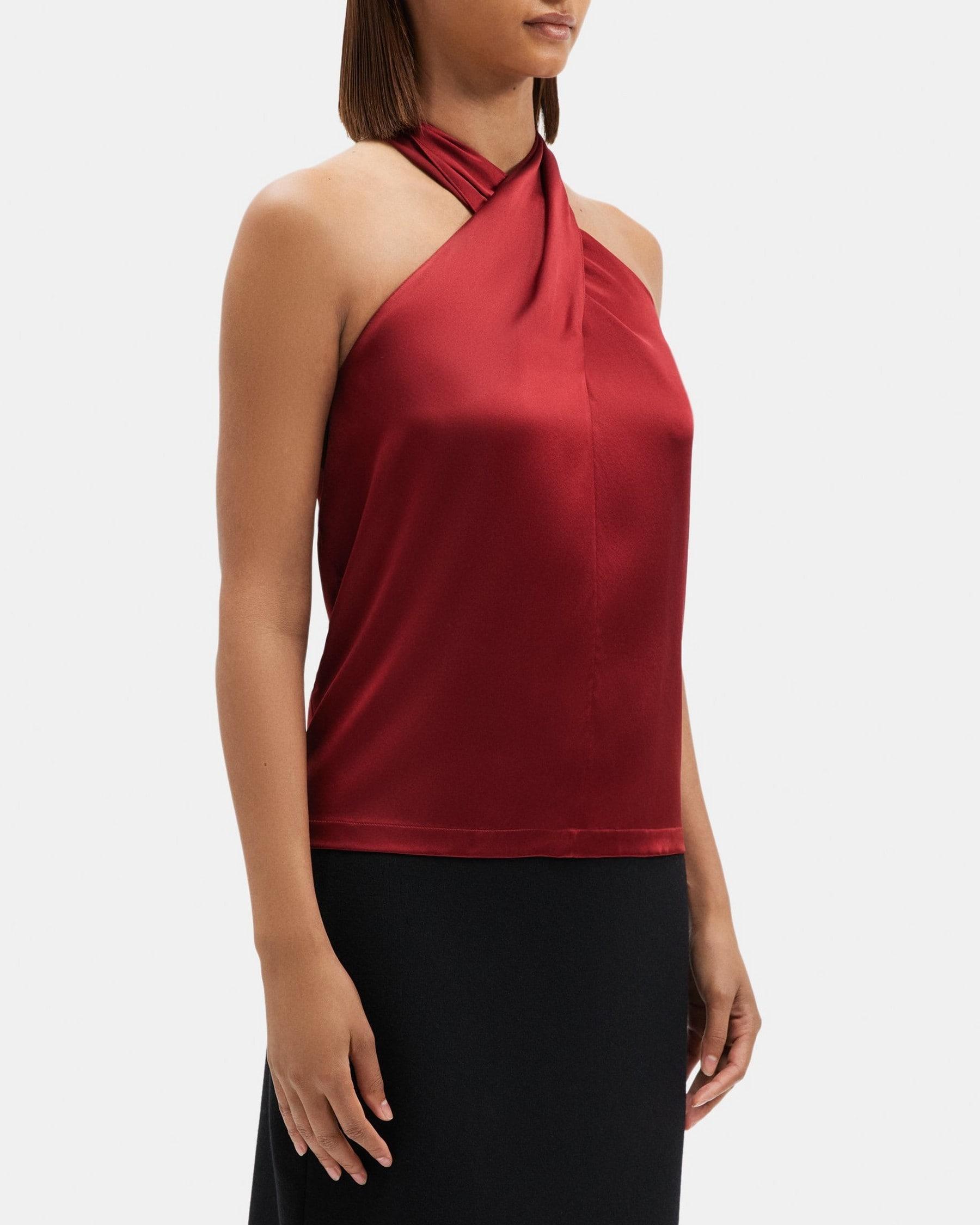 Cross-Front Halter Top in Stretch Satin Product Image