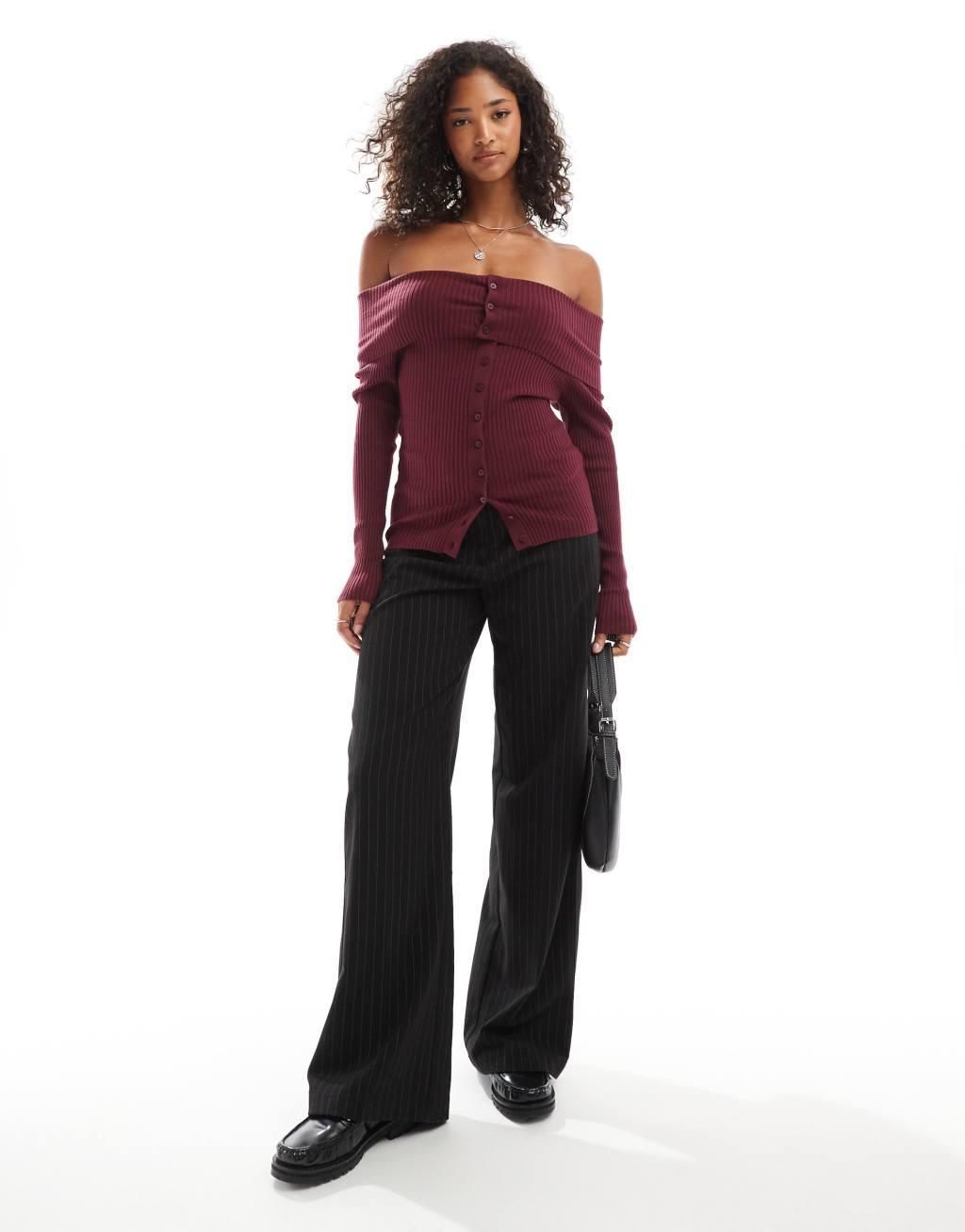 Pull&Bear ribbed bardot sweater with button detail in deep burgundy Product Image
