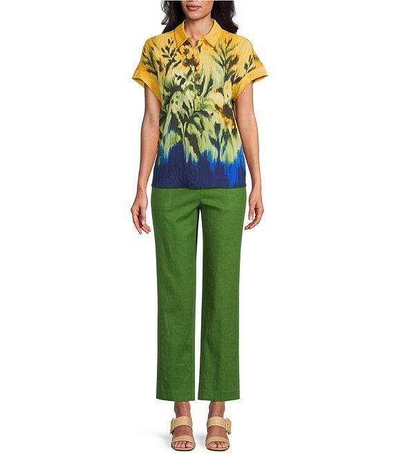 Investments Petite Size Woven Tropical Floral Short Sleeve Point Collar Partial Button Front Top Product Image