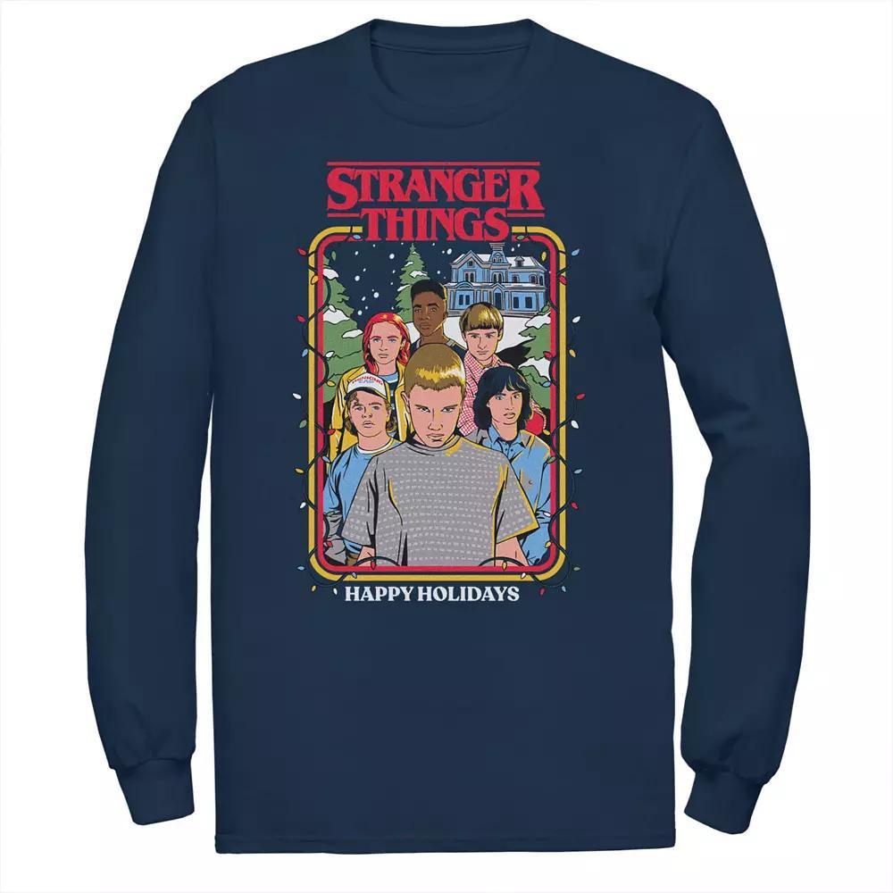 Big & Tall Stranger Things Happy Holidays Portrait Group Long Sleeve Tee, Mens Blue Product Image
