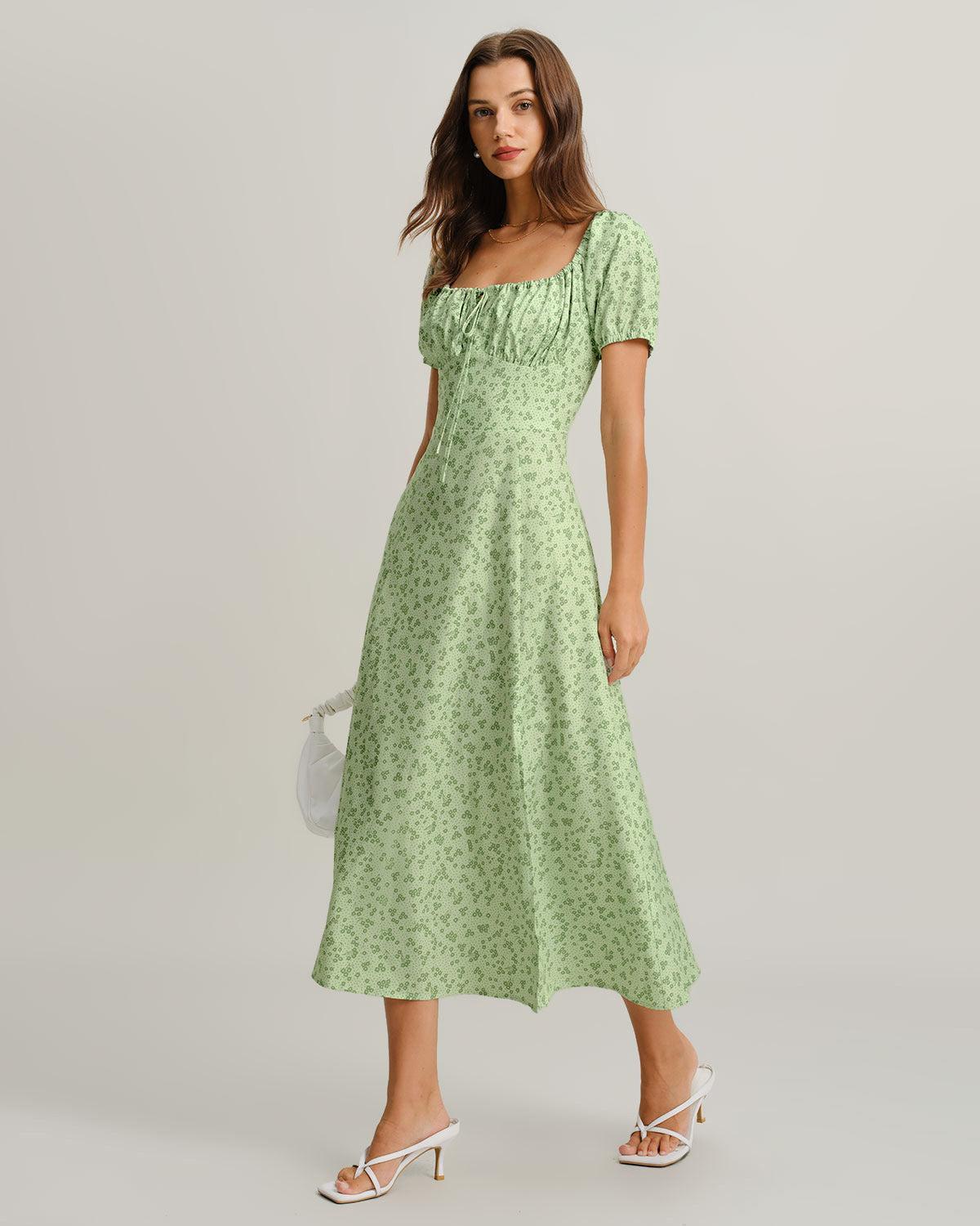 Green Floral Square Neck Puffed Sleeve Midi Dress Product Image