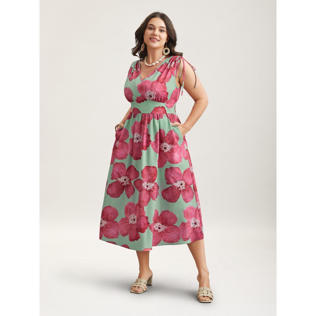 Plus Size Floral Print V-Neck Tied Midi Dress RedViolet Women Elegant Gathered V-neck Sleeveless Curvy BloomChic 26/4X Product Image