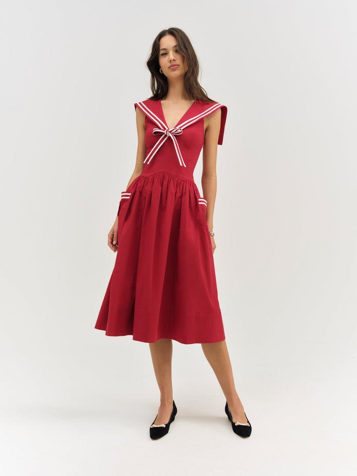 Helena Poplin Collared Midi Dress — Red Product Image