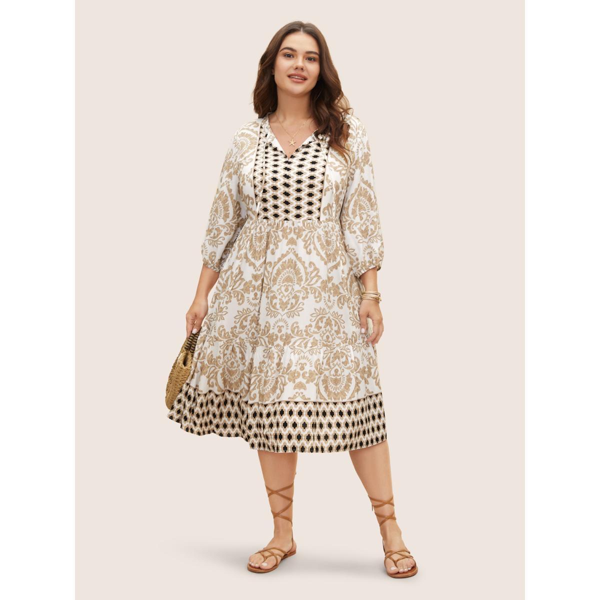 Plus Size Boho Print Tie Knot Lantern Sleeve Dress Tan Women Resort Tie knot V-neck Elbow-length sleeve Curvy BloomChic 28/5X Product Image