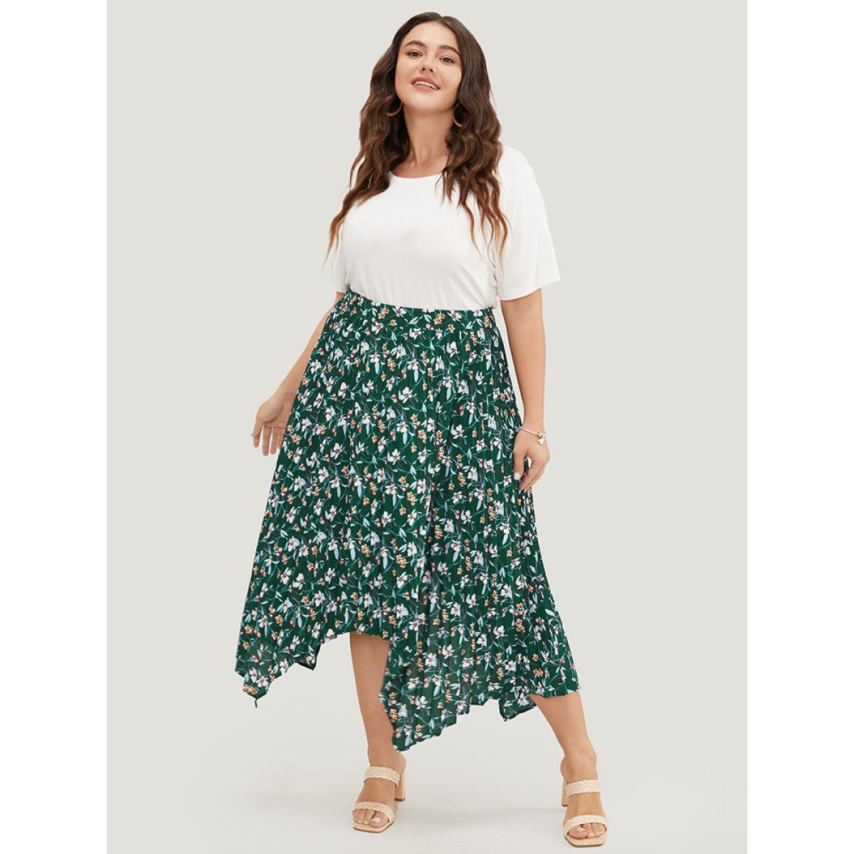 Plus Size Ditsy Floral Pleated Hanky Hem Skirt Women DarkGreen Elegant Asymmetrical No stretch Dailywear Skirts BloomChic 26/4X Product Image