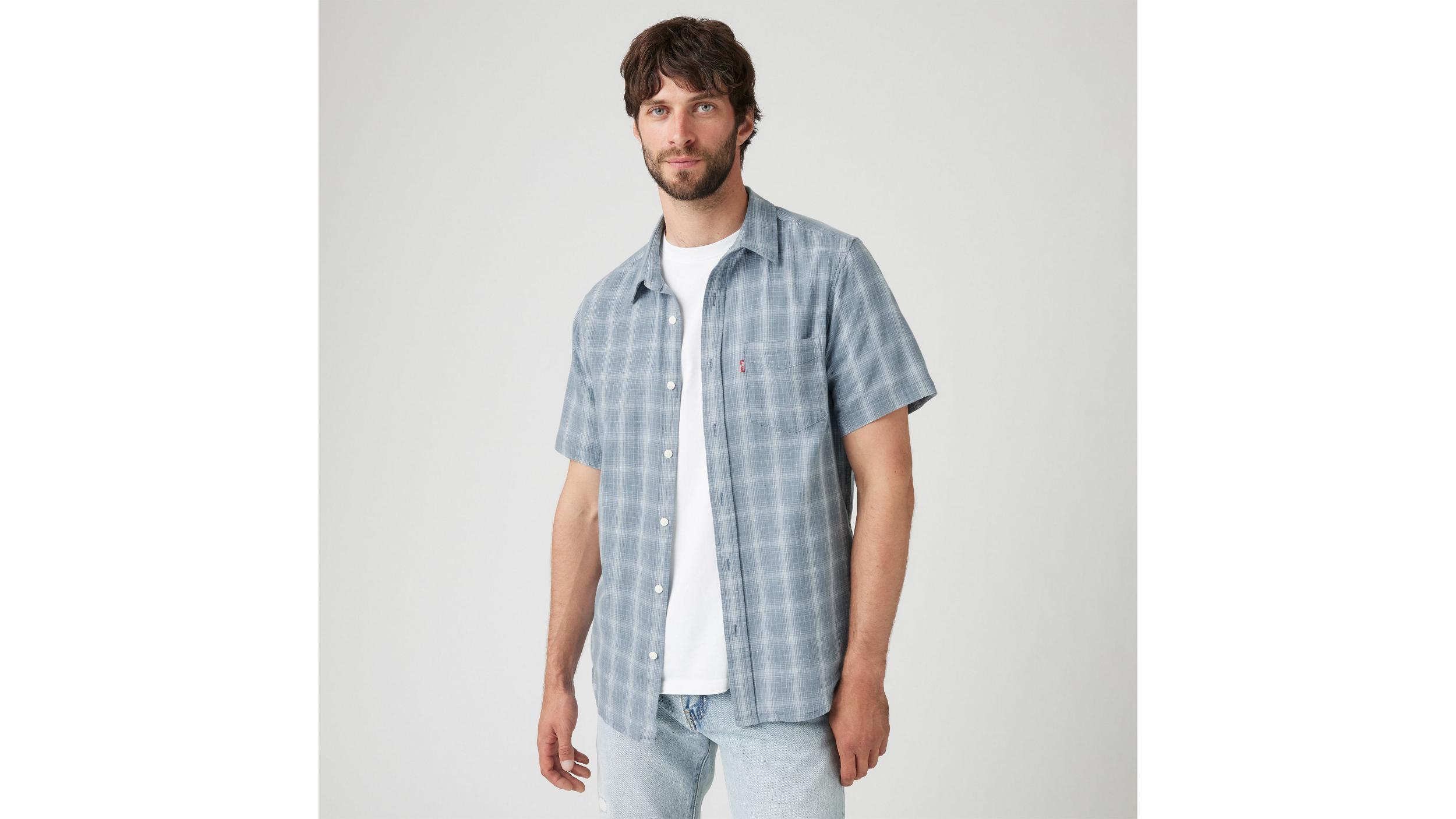 Short Sleeve Sunset Cotton Linen One Pocket Shirt Product Image