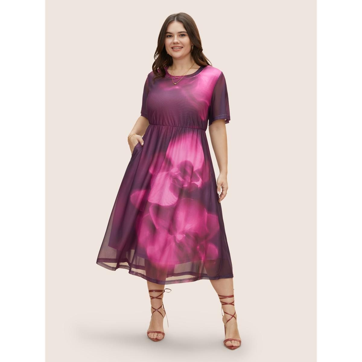 Plus Size Butterfly Orchid Mesh Ruffle Sleeve Midi Dress Mauve Women Elegant See through Round Neck Short sleeve Curvy BloomChic 14-16/1X Product Image