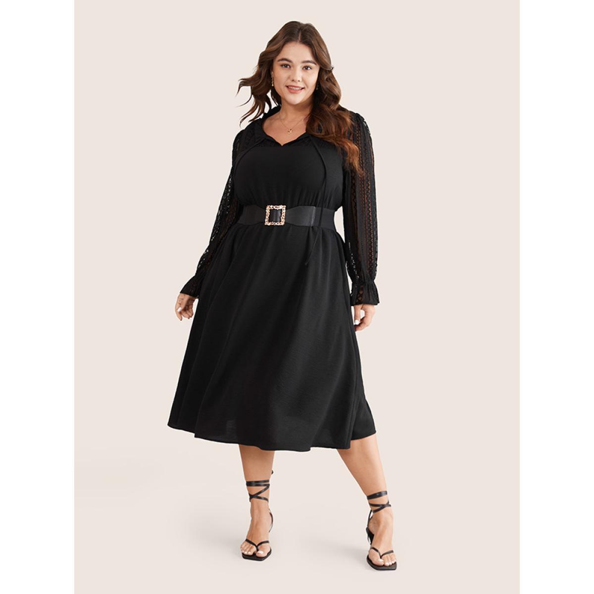 Plus Size Guipure Lace Knot Neck Ruffle Long Sleeve Dress Black Women Elegant Texture Tie Neck Long Sleeve Curvy Midi Dress BloomChic 12/L Product Image