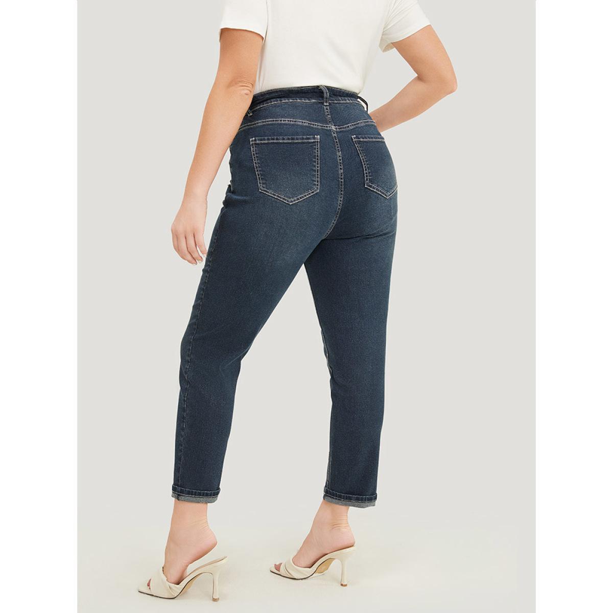 Plus Size Very Stretchy High Rise Dark Wash Distressed Stitch Jeans Women Midnight Casual Plain Roll Hem High stretch Jeans BloomChic 28/5X Product Image