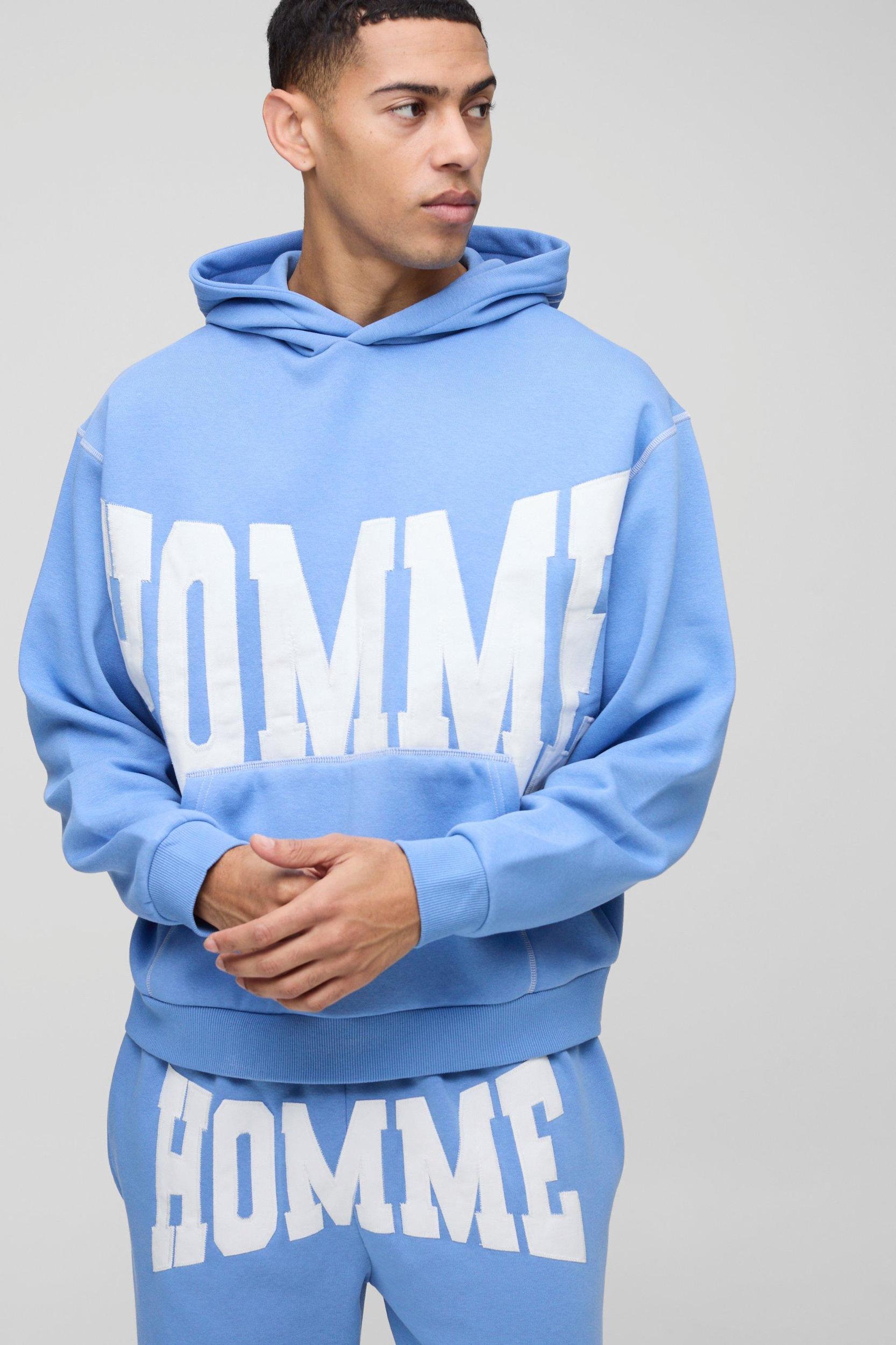 Oversized Boxy Twill Applique Contrast Stitch Hooded Tracksuit | boohooMAN USA Product Image