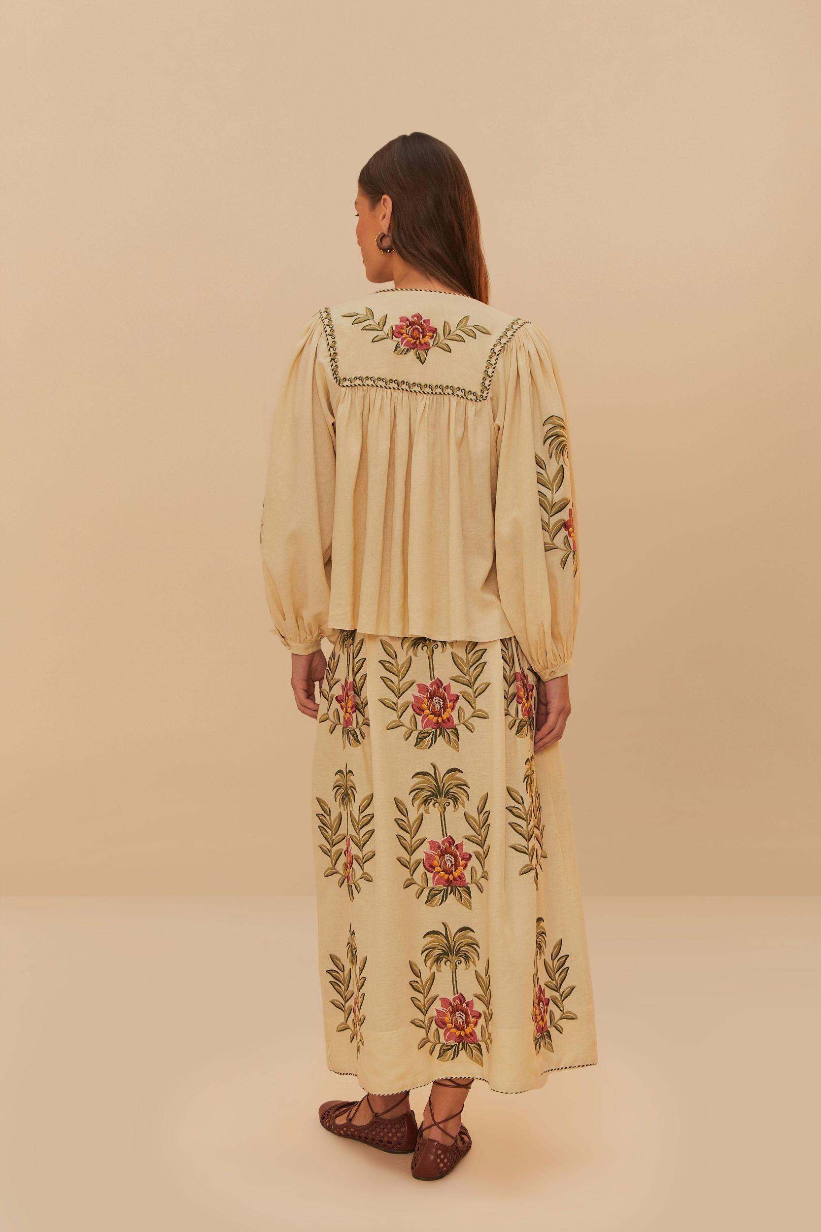 Sand Tropical Flower Embroidered LENZING™ ECOVERO™ Euroflax™ Maxi Skirt Product Image