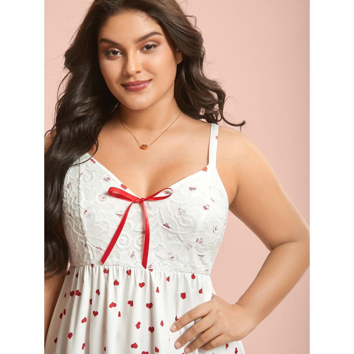 Plus Size Bow Lace Heart Print Lounge Dress Women Originalwhite Lounge Woven ribbon&lace trim V-neck Loungewear BloomChic 30/6X Product Image