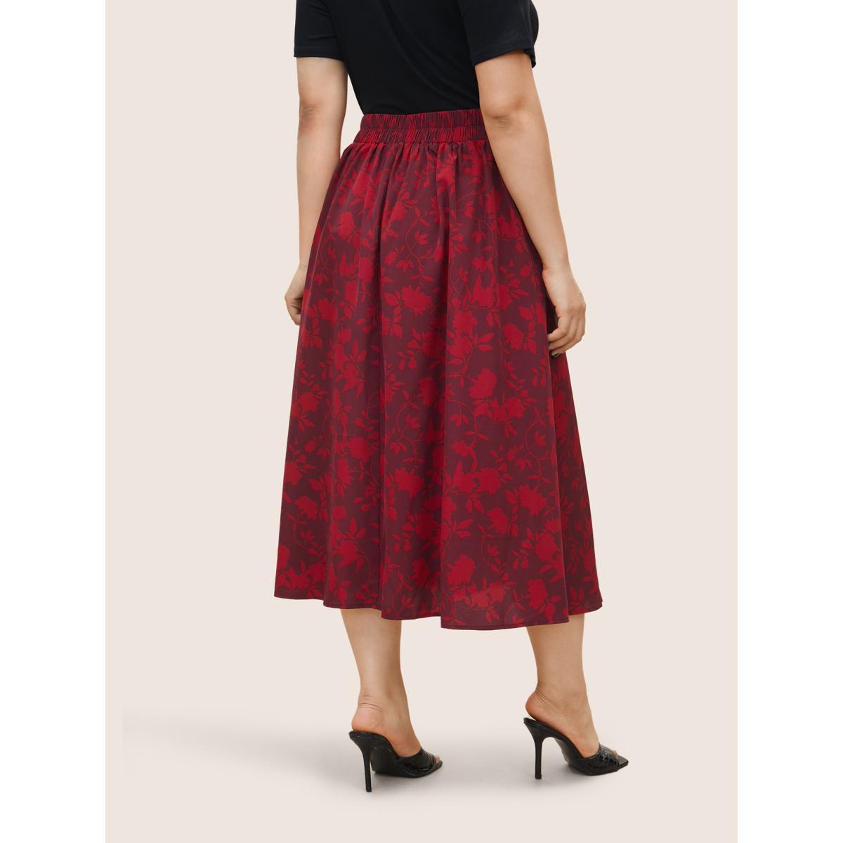 Plus Size Silhouette Floral Print Elastic Waist Pocket Cropped Skirt Women Burgundy Elegant Non No stretch Slanted pocket Everyday Skirts BloomChic 12/L Product Image