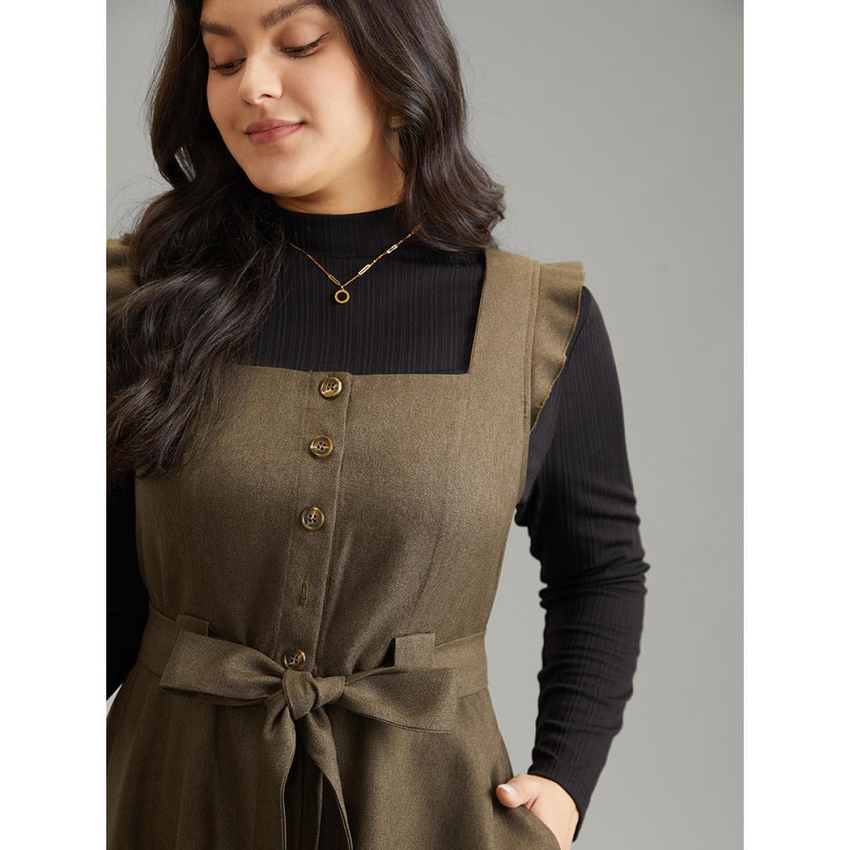 Plus Size Solid Belted Ruffle Trim Button Through Sleeveless Dress ArmyGreen Women Office Plain Square Neck Sleeveless Curvy Midi Dress BloomChic 18-20/2X Product Image