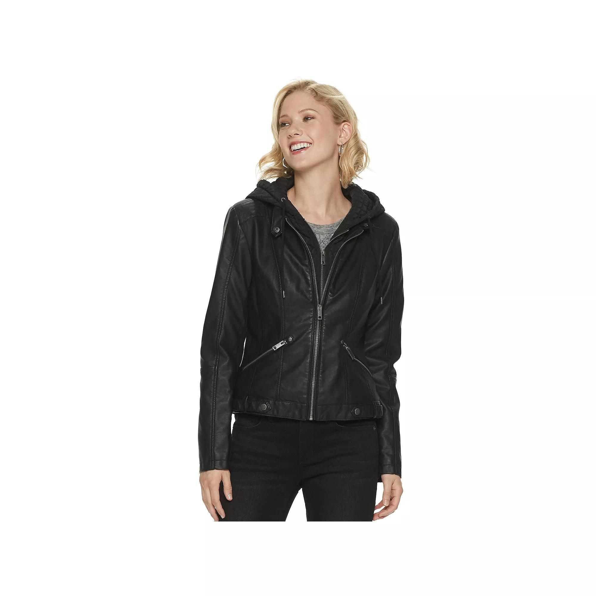 Women's Sebby Collection Hooded Faux-Leather Racing Jacket, Size: Large, Black Product Image