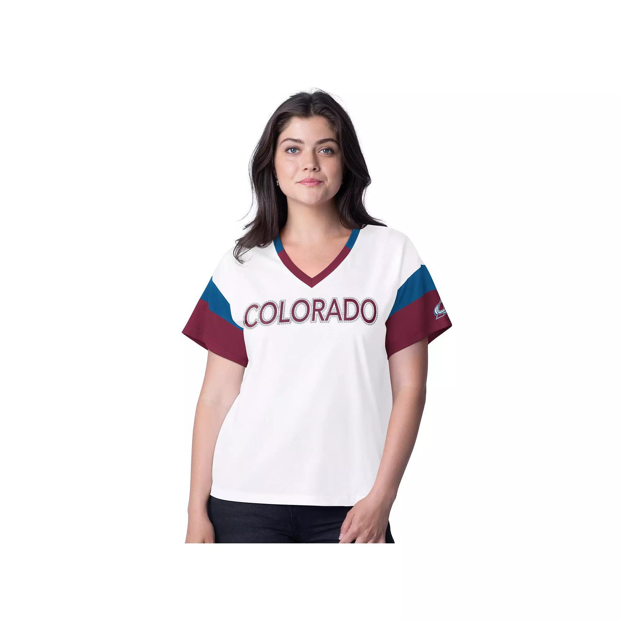 Women's G-III 4Her by Carl Banks  White Colorado Avalanche Rink Oversized Rhinestone V-Neck T-Shirt, Size: XL Product Image