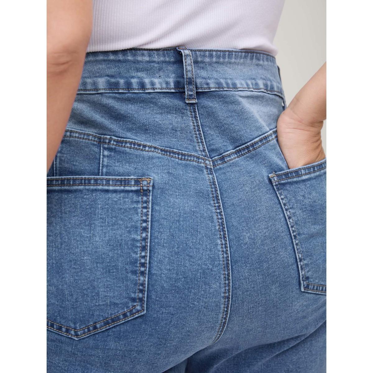 Plus Size Stretchy Ripped Flared Hem Jeans Women Midblue Medium stretch Slanted pocket Jeans BloomChic 26/4X Product Image