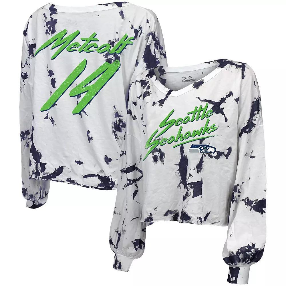 Women's DK Metcalf White Seattle Seahawks Off-Shoulder Tie-Dye Name & Number Long Sleeve V-Neck T-Shirt, Size: Small Product Image