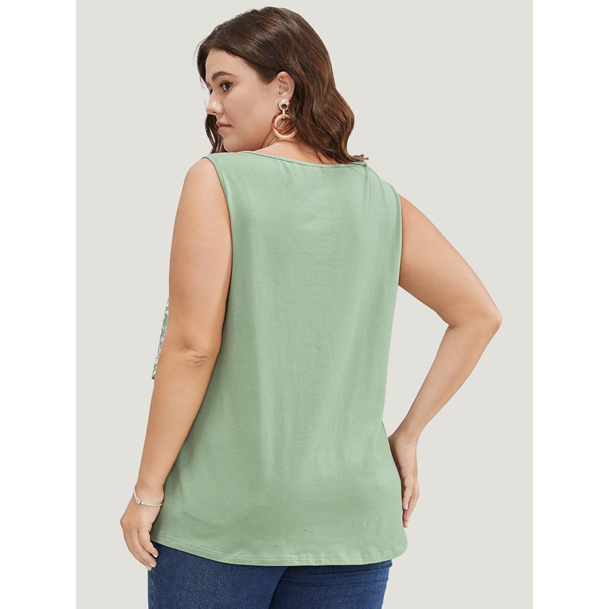 Plus Size Ditsy Floral Patchwork Tank Top Women Sage Elegant Patchwork Round Neck Dailywear Tank Tops Camis BloomChic 26/4X Product Image